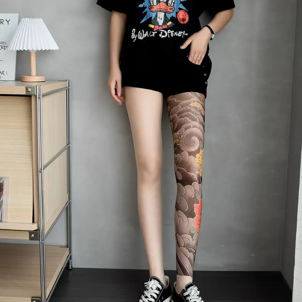 New Sexy Printed Women's Tights Stockings Perspective Mesh Peony Pantyhose Fake Tattoo Leggings Nylon Socks Summer Quake One Size 1