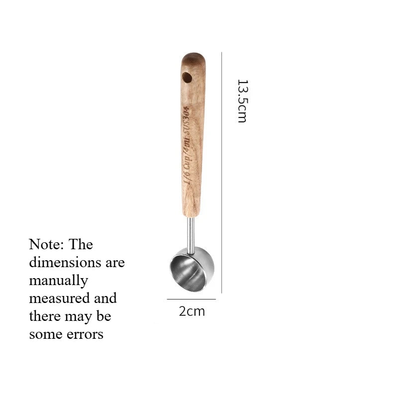 Wood‑Handle 304 Stainless Steel Measuring Spoon Scale Mark Coffee Powder Seasoning Baking Tool Measuring Spoon Quake S