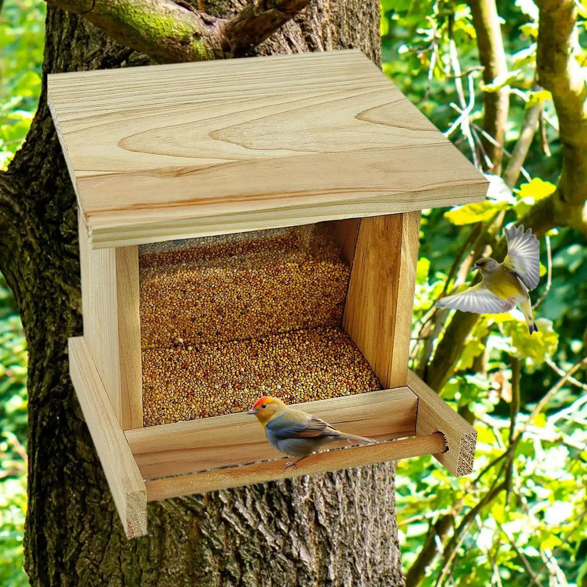 Wooden Bird Feeder Weatherproof Easy to Fill Outdoors Hanging Yard Garden Decoration with Opening Roof for Large Cardinal Macaws Quake