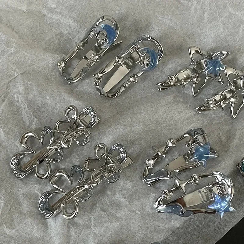 Y2K Blue Silver Alloy Hair Clip Korean Simple Girls Blue Rhinestone Star Metal Duckbill Clip Bangs Side Clip Hair Accessories Quake
