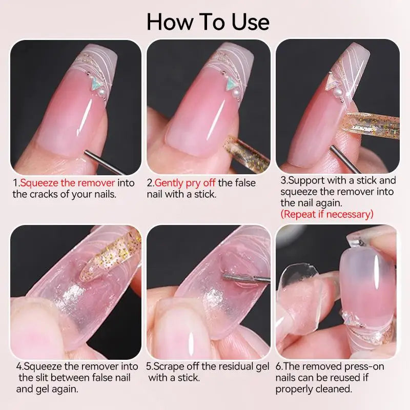 15ML Nail Glue Remover for Press on Acetone Free Nail Polish Remover Multi-Functional Remover for Nails Tips Gentle Glue Remover Quake