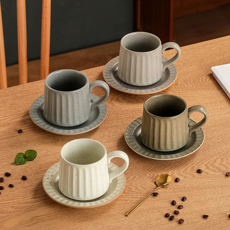 Japanese Retro Coarse Ceramic Cup Saucer Set Vintage Vertical Striped Mug Home Afternoon Tea Coffee Cup for Household Use Quake