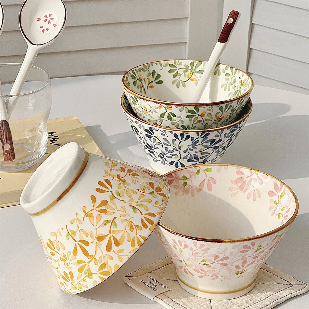 Ceramic Hat-shaped Bowl Spoon Set，Four Seasons Floral Pattern，Oven Microwave Safe, Noodles Salad Soup Dessert Hot Pot Picnic BBQ Quake