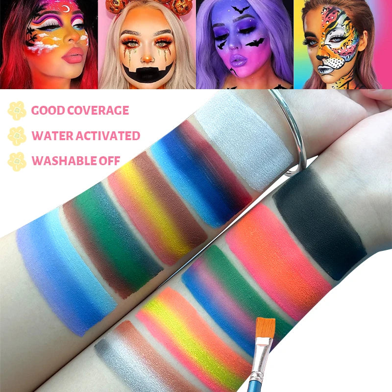 10 Colors Face Body Palette with Brushes and Palettes for Halloween,Christmas Body Painting,Easy to Clean, Effects Makeup Set Quake