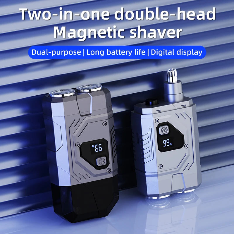 Magnetic Double Blade Electric Shaver for Men Mecha Punk Style Rechargeable LCD Quake