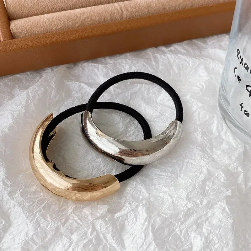 Ladies Gold Sliver Hair Bands Ponytail Rings Cover Cuff Wrap Holder High Elastic Rope Band Gift Geometric Round Hollow Hair Rope Quake
