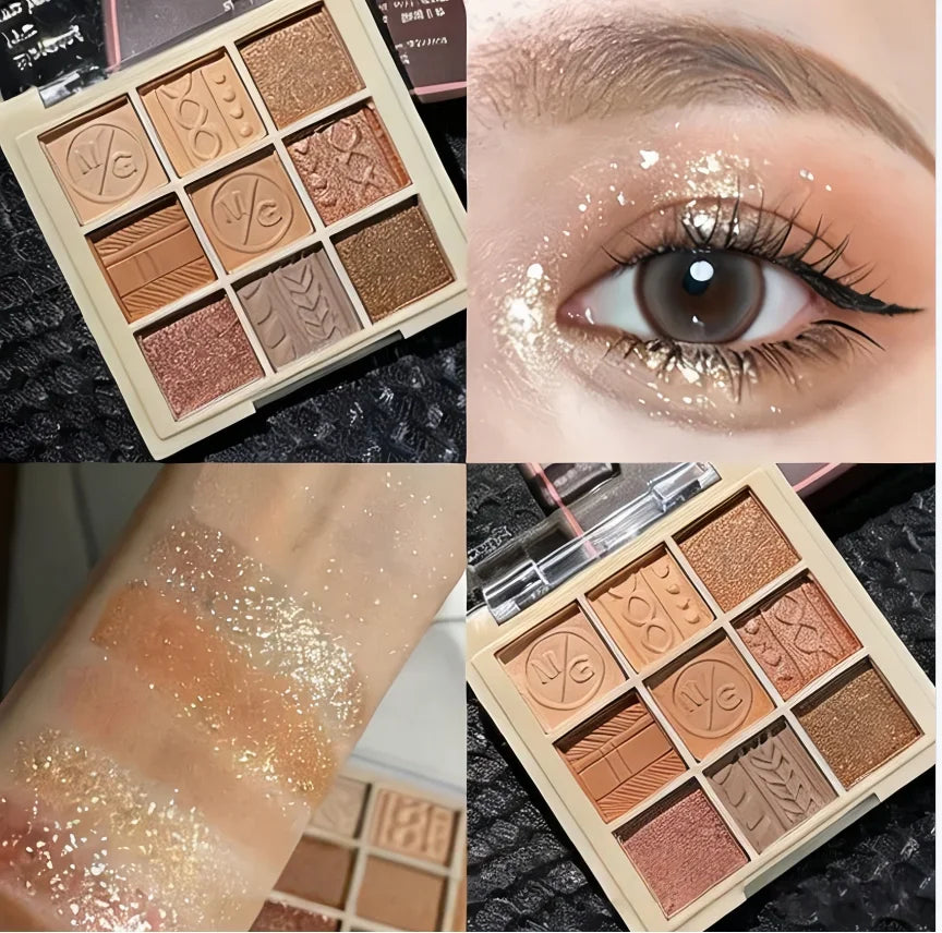 9-Grid Knitted Brown Eyeshadow Palette Matte & Shimmer 9 Colors Natural Waterproof for Graduation Prom Makeup Quake