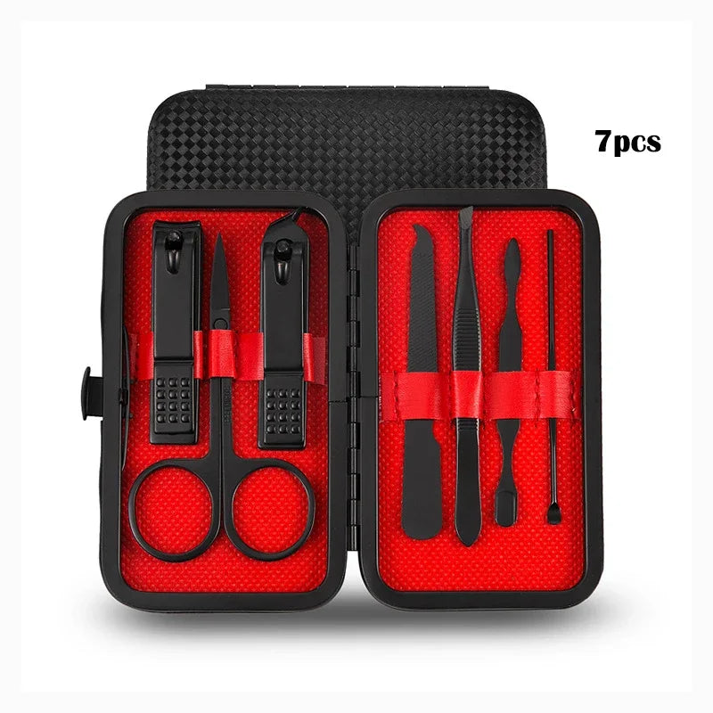 7/10/18Pcs Professional Black Nail Clipper Pedicure Manicure Set Portable Stainless Steel Scissor Cutter Ear Spoon Trim Tool Quake 7 Piece Set