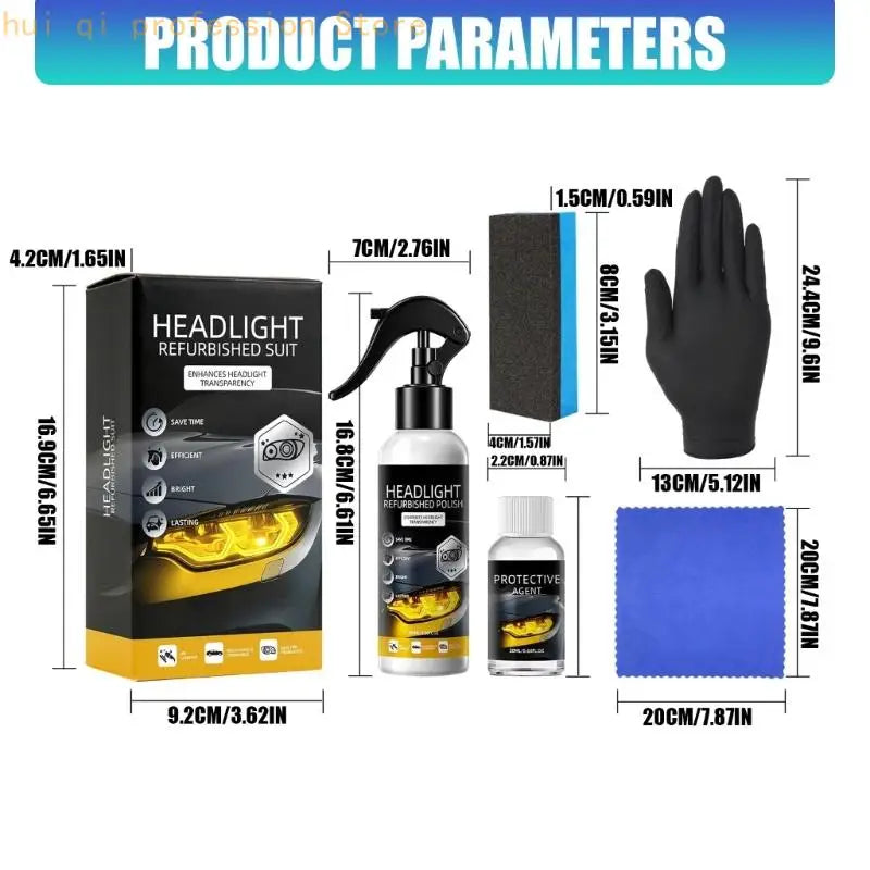 Headlight Cleaning and Care Set with Restoration Liquid Protective Agent Sponge Cloth and Gloves for Used Car Cleanup and Quake
