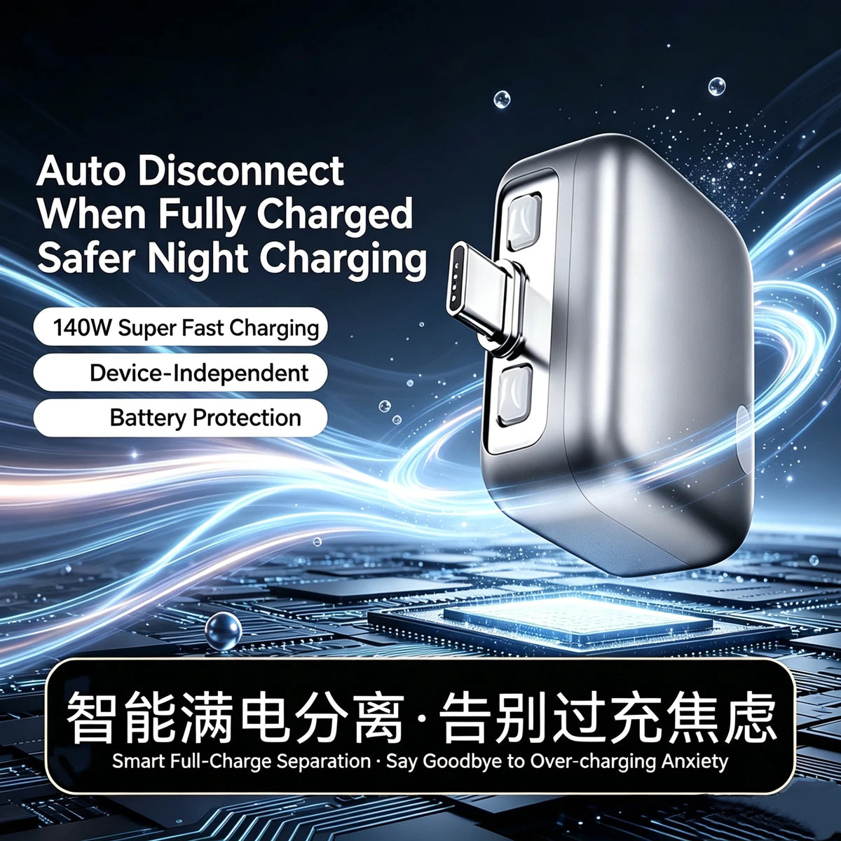 Auto-Disconnect Charging Adapter 140W Type-C Fast Charge Safety Separator Automatically Cut Power Eject Phone When Fully Charged Quake