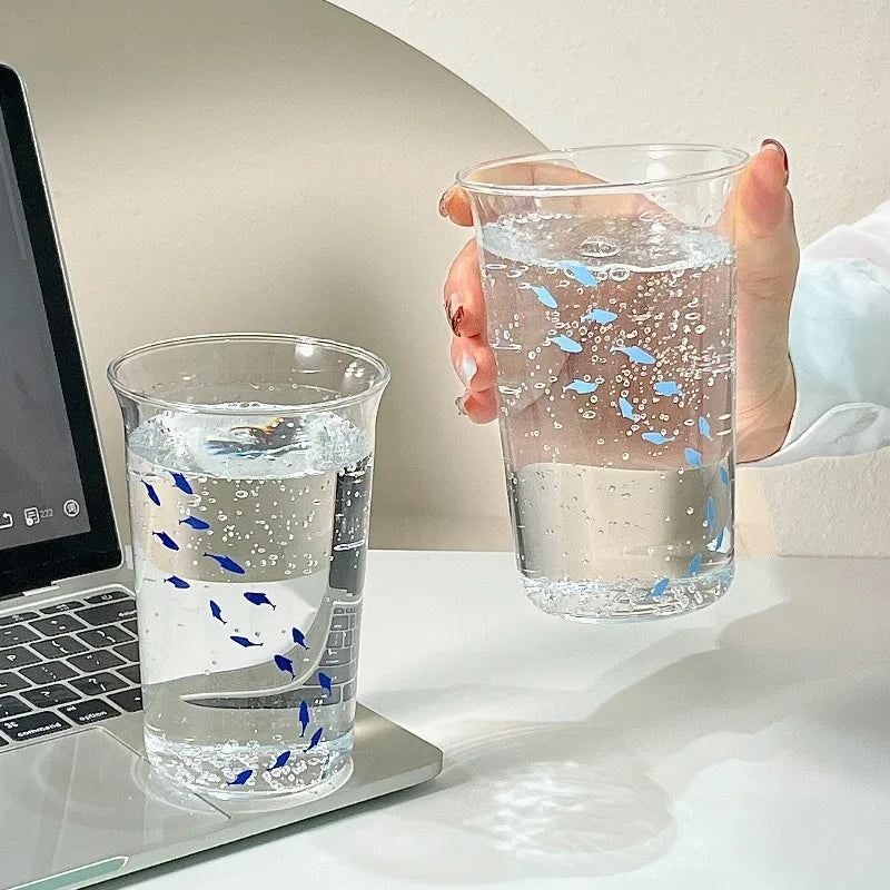 1pc Ins Style Printed Small Fish Glass Cup Flip Over Milk Juice Coffee Cup High Aesthetic Drinking Utensil Quake