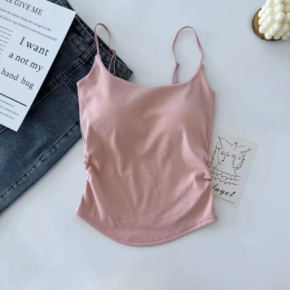 Sweet Sleeveless Suspender Vest Slim With Padded Cups Camisole Underwear Short Vest Sports Activities Quake Pink One Size