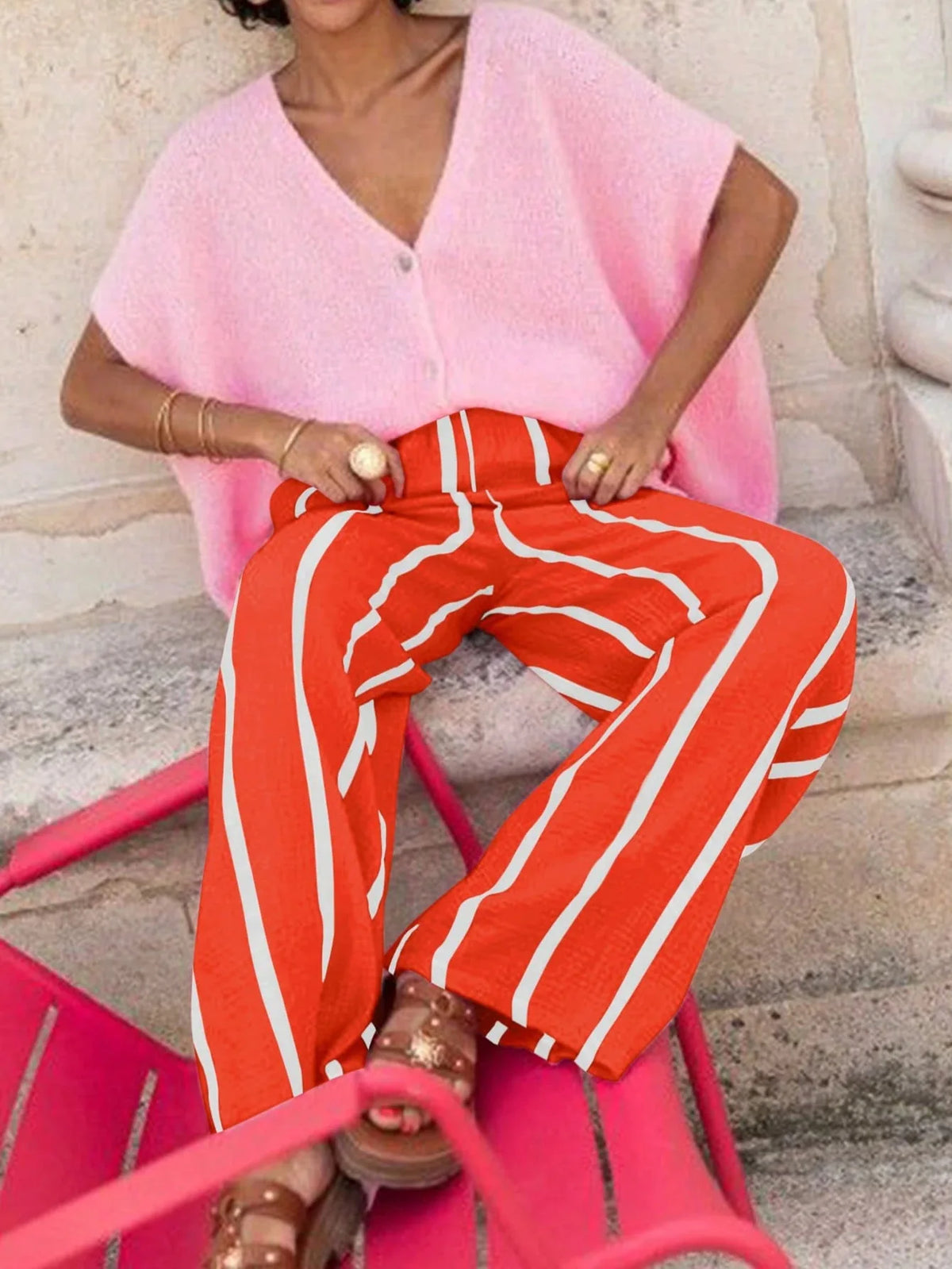 Women's Vertical Stripe Wide-leg Pants, Elastic Waist Pleated Casual Trousers, Resort Style Loose Slimming Floor-length Quake 11 S