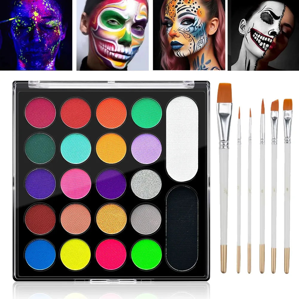 22 Color Face Body Painting Kit for Kids Adults,Face Paint Makeup Palette with Brush,Halloween Carnival Artist Cosplay Art Party Quake with 6Brush