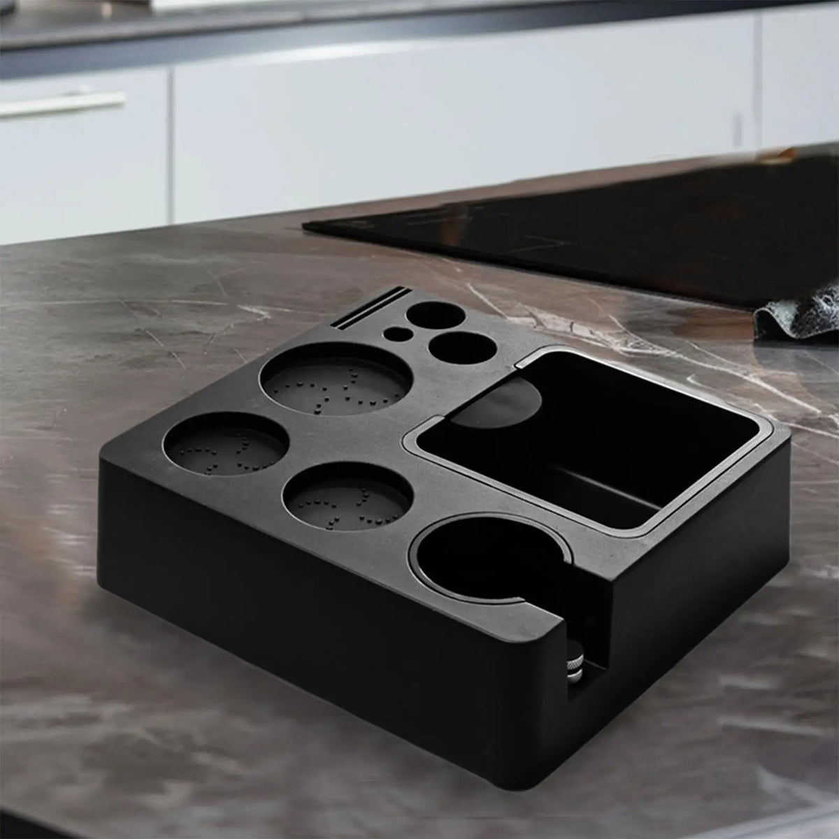 Coffee Tamper Holder Multifunctional AntiSlip Portafilter Holder for Workplace Commercial Cafes Counter Top Kitchens Coffee Bar Quake black
