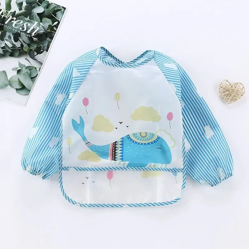 1Pcs Toddler Baby Cartoon Long Sleeve Art Apron Waterproof Eating Smock Infant Animal Smock Soft Baby Bib Burp Clothes Quake B31 Whale 0-3Years old