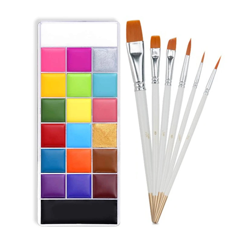 20 Colors Face Body Paint Palette Oil Makeup Set SFX Body Art Halloween Party Painting with 10 pcs brushes,Tattoo Stencil kit Quake with6pcs white brush