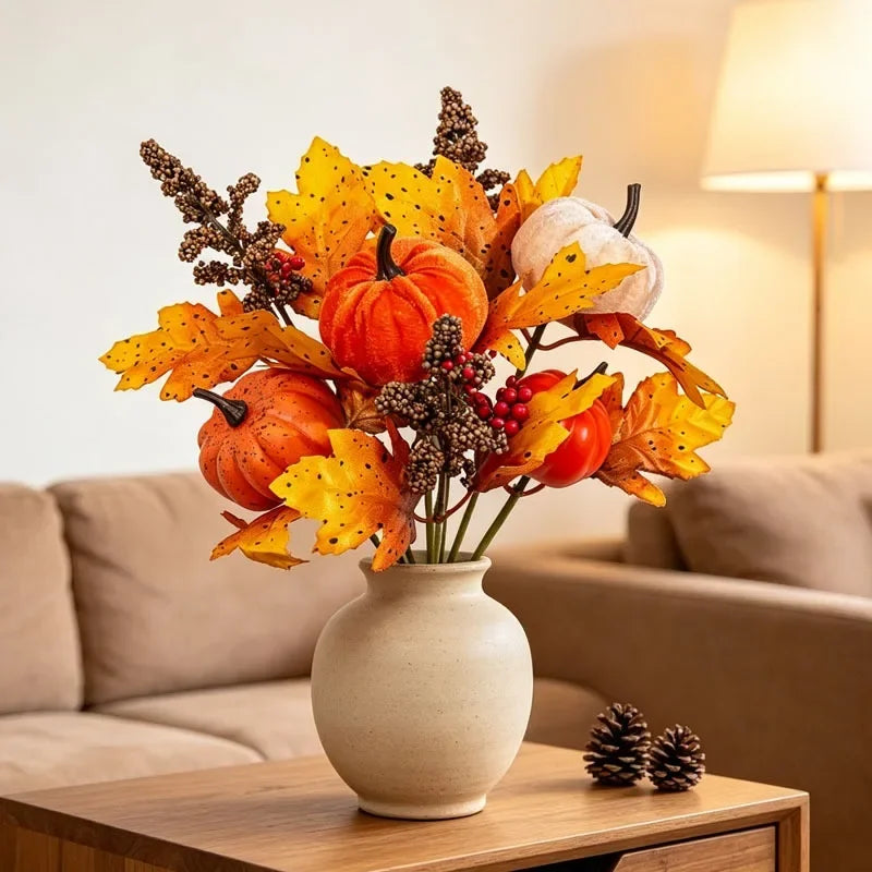 1PC Artificial Pumpkin Maple Leaf Bouquet Halloween Scene Arrangement Ornament for Thanksgiving Harvest Festival Decor Quake