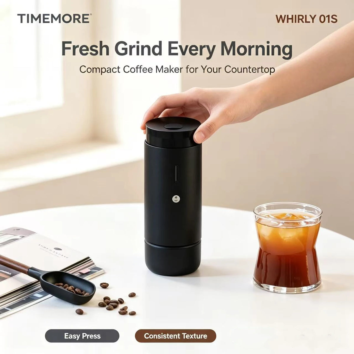 TIMEMORE WHIRLY01S Portable Electric Coffee Grinder Auto-Stop For Espresso & Pour Over Quake black