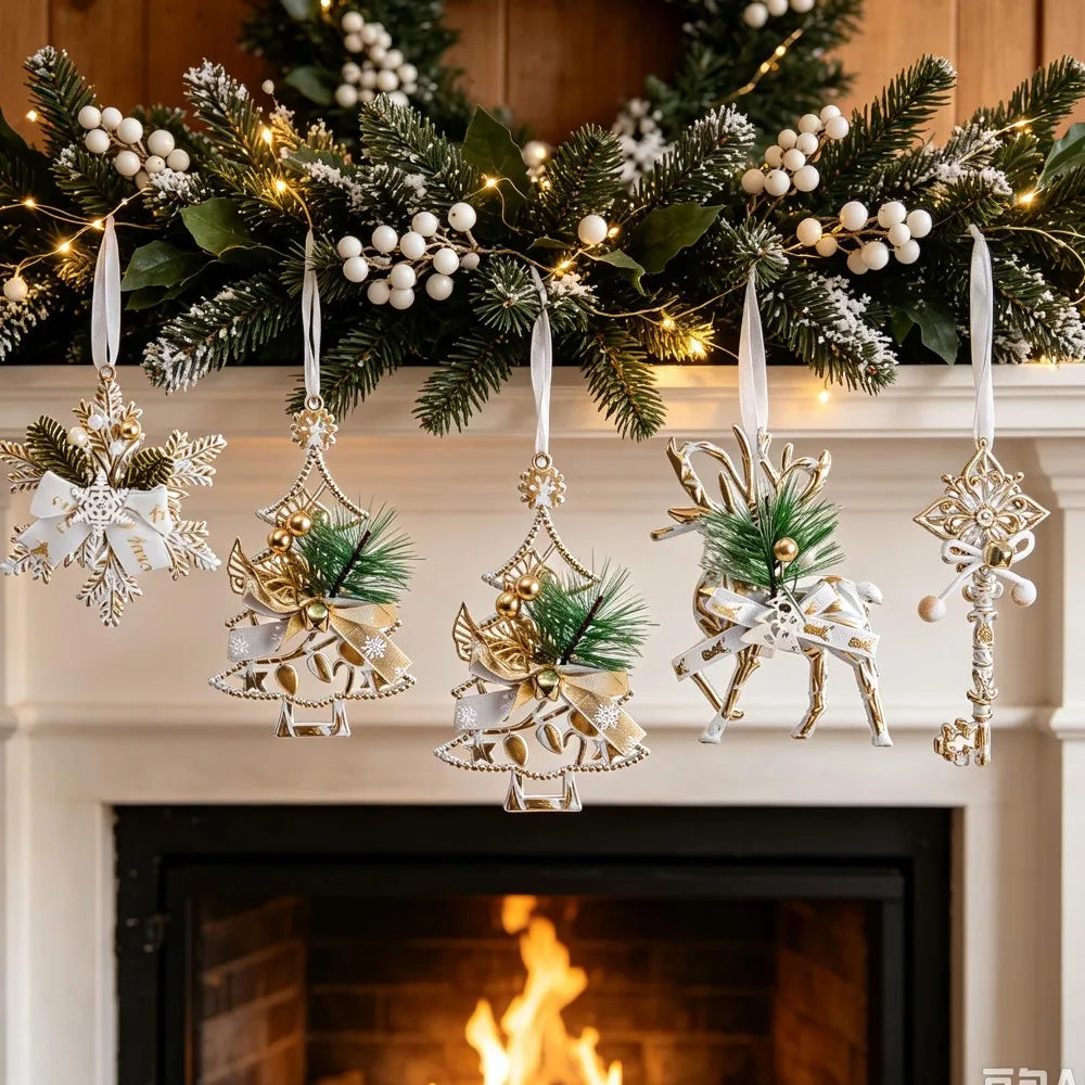 Platinum Retro Style Christmas Pendant Xmas Tree Hanging Ornaments Glitter Elk Snowflake Pendants DIY New Year Party Home Decor Quake