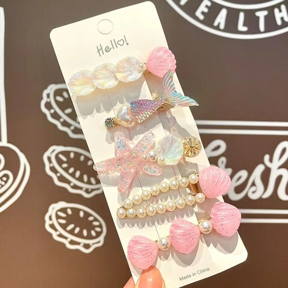 5pcs New Ocean Series Shell Starfish Hair Clips Pink Pearl Mermaid Hairpins Purple Princess Headdress Hair Accessories Quake