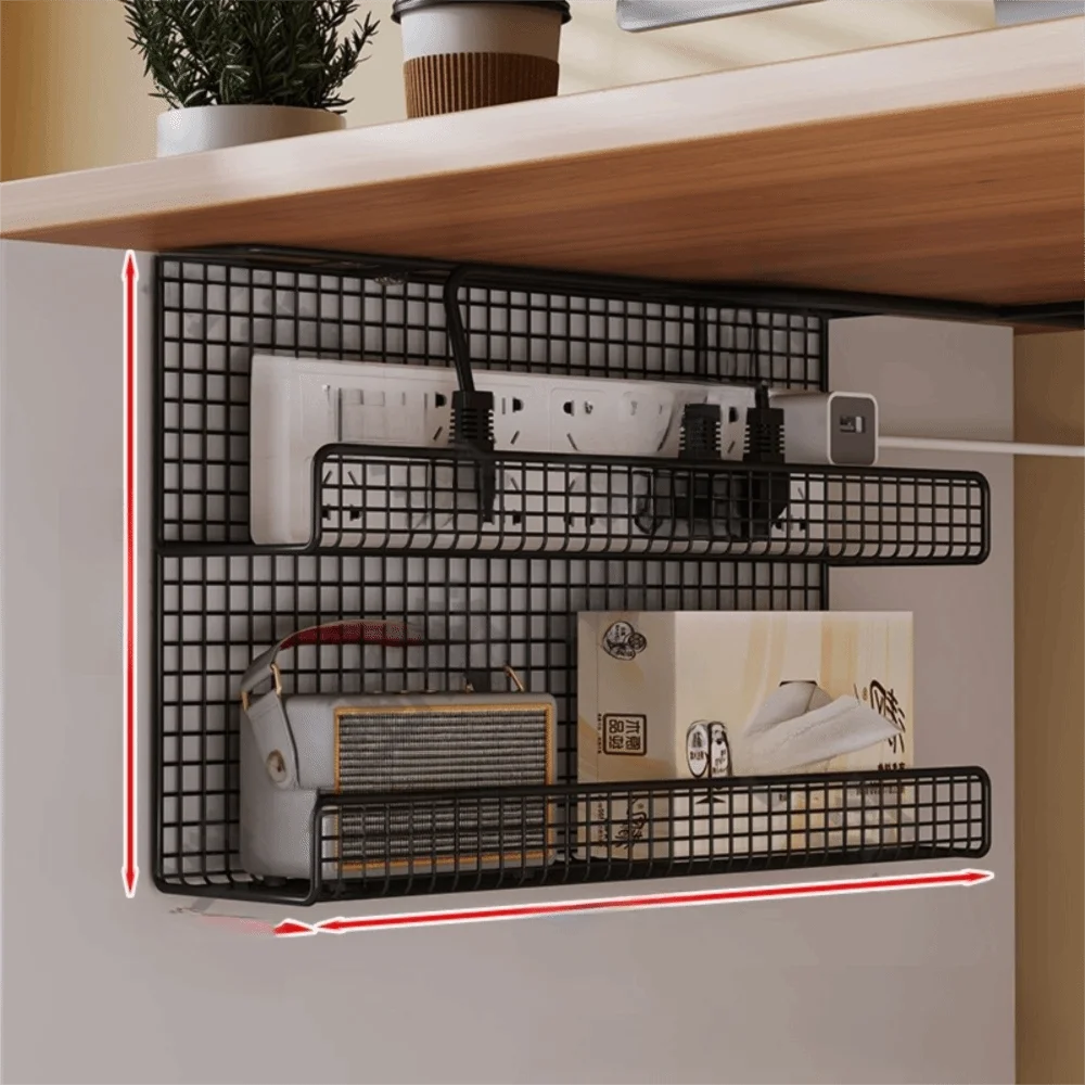 High Quality Under-desk Cable Management Tray No Drill Metal Wire Socket Storage with Clamp Desk Cable Organizer Office Quake black-double-deck