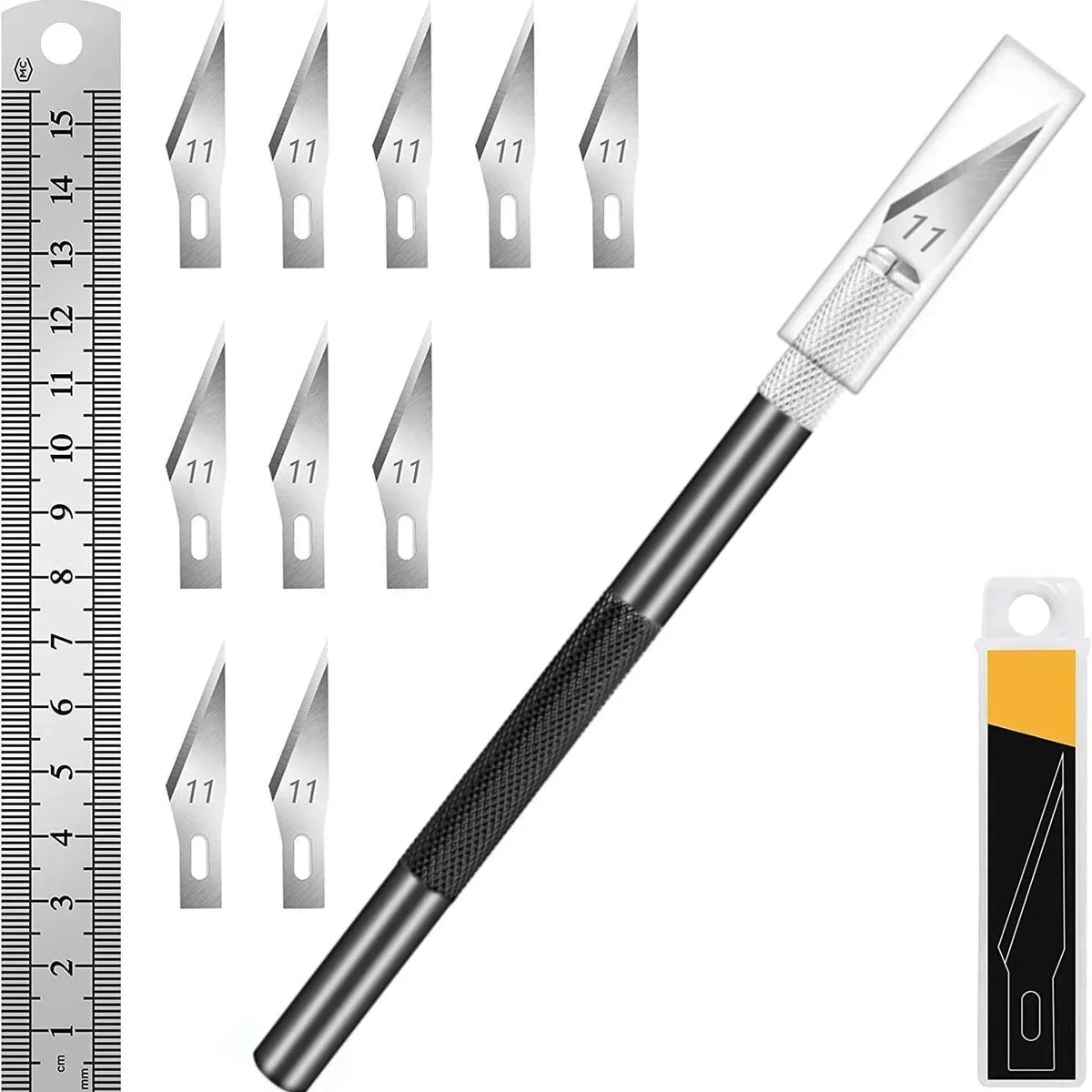 vvocci Exacto Hobby Blade Set with 11 Replacement Blades & Ruler – Precision Cutting Tool Quake M264 black 10 blade