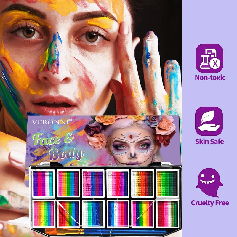 12 Colours Water-Soluble Rainbow Palette Children's Face Body Paint, Halloween Stage Makeup Body Paint Pigments Face Makeup Quake
