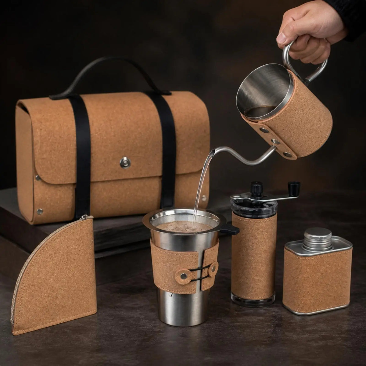 Hand Coffee Grinder Set with Carry Case Stainless Steel Cork Design Pour over Coffee Maker Equipment for Travel Camping Office Quake