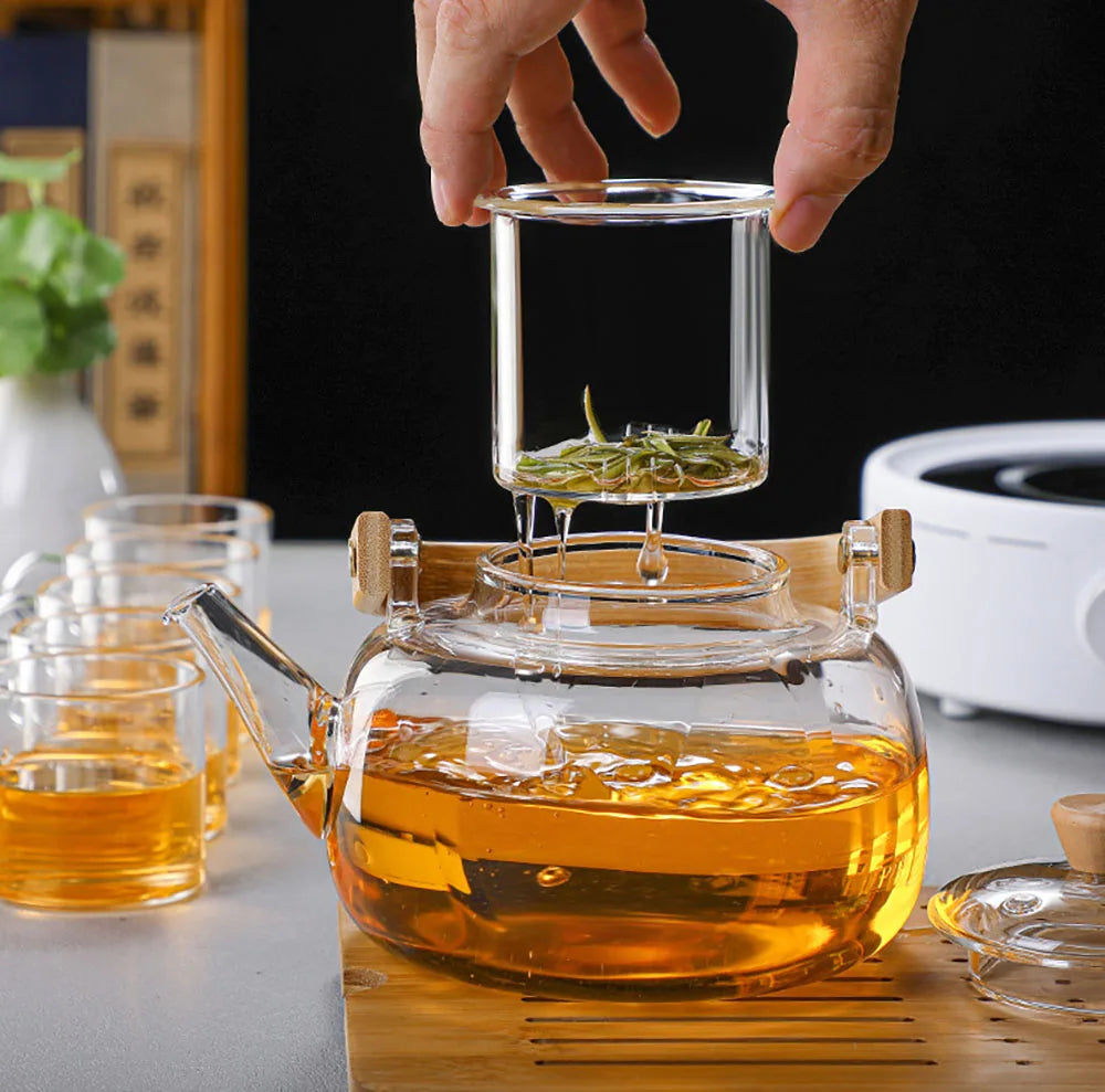 1L Heat-Resistant Glass Teapot With Removable Infuser Clear Bamboo Handle Tea Kettle For Loose Leaf Tea Flower Tea Herbal Tea Quake