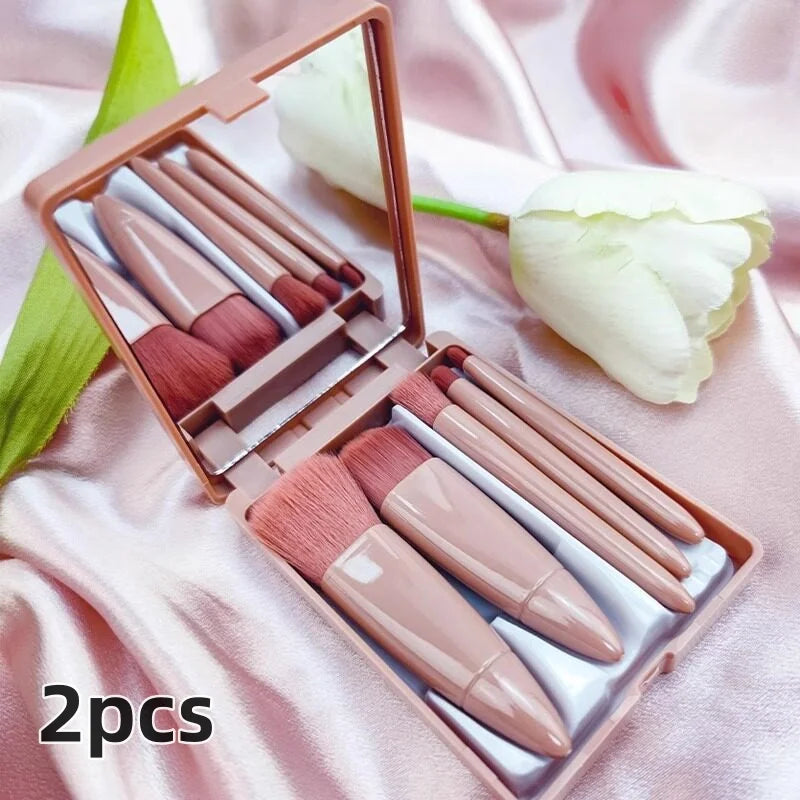 Mini Makeup Brush Set With Mirror Case Portable Travel Cosmetic Brushes Soft Synthetic Bristles Facial Quake 2pcs
