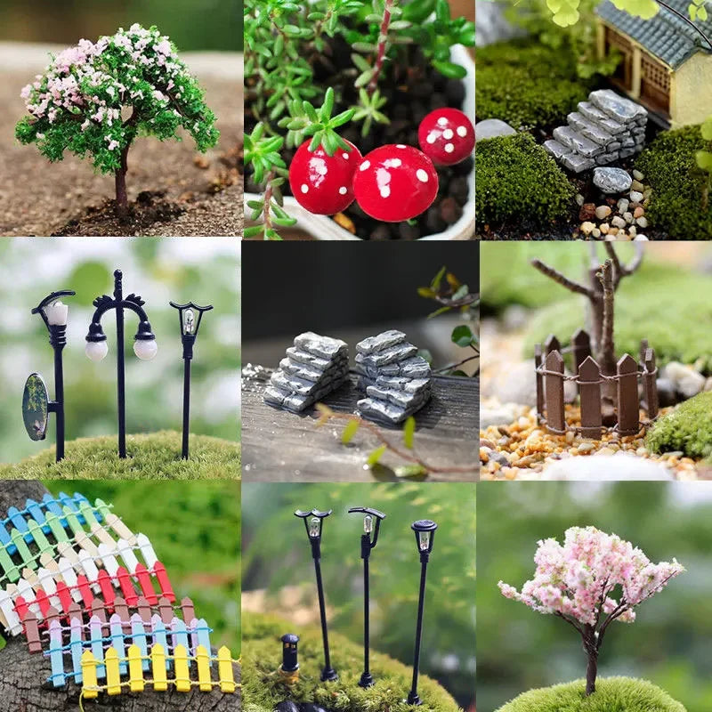 Mini Craft Figurine Bend Bridge House Mushroom Fence Craft Figurine Plant Pot Garden Ornament Miniature Fairy Garden Decor DIY Quake