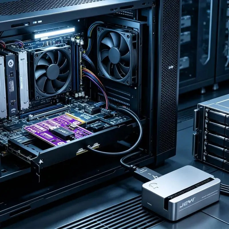 PCIE4.0 Extension with a Cable-Linked External Enclosure for Positioning Compatible Devices Outside a Desktop Case K1KF Quake
