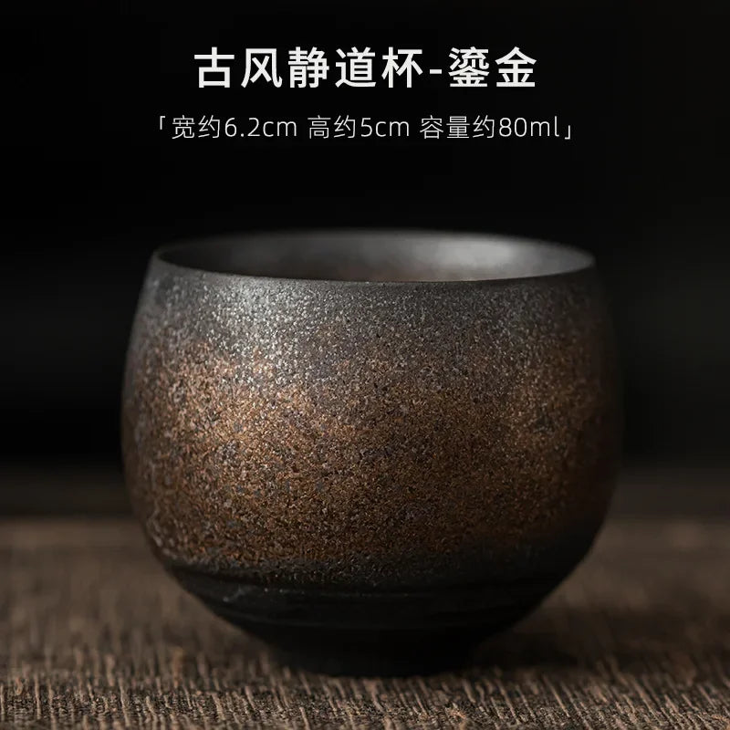 Japanese Handmade Rough Pottery Tea Cup Ceramic Kung Fu Tea Set Single Cup Antique Style Quiet Path Antique Craftsmanship Gift Quake Gilding 80ml