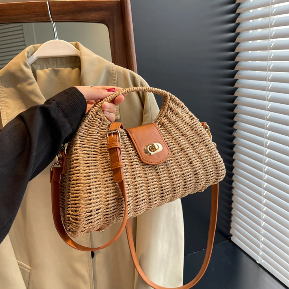 Women Hand-Woven Bag Summer Woven Shell Female Tote Bag Handmade Fashion Holiday Casual Simple Elegant Lady Straw Bag Quake