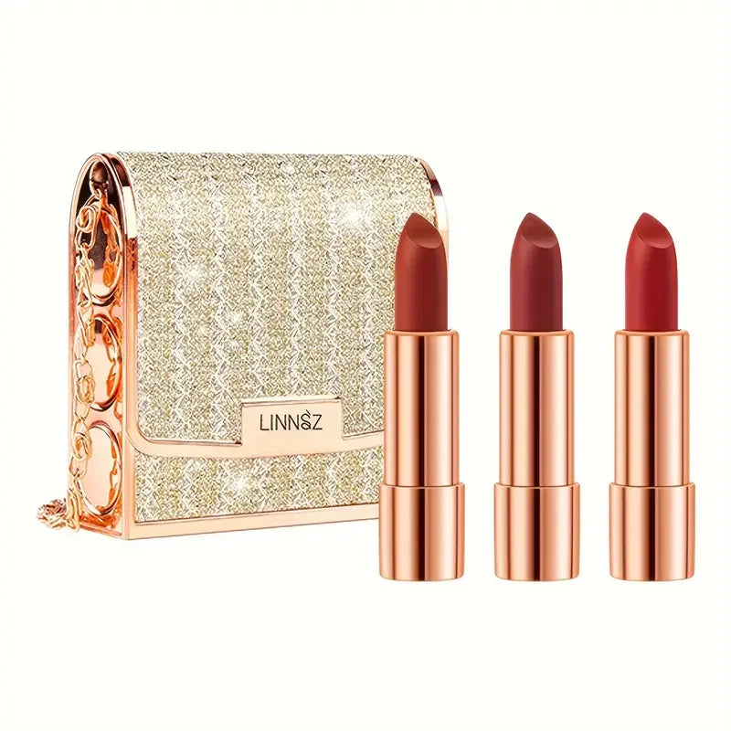 3pcs Velvet Lipstick with Chain Bag Gift Waterproof Non-Stick Long-Lasting Rotating Lipstick Makeup Set for Valentine's Day Gift Quake A