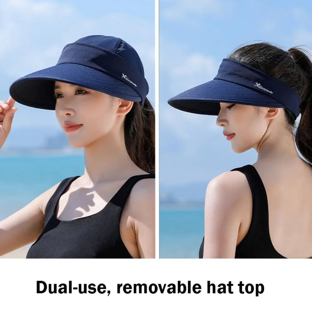 Outdoor Wide Brim Women Summer Sun Hat UV Protection Detachable Empty Top Ponytail Cap Foldable Adjustable Beach Cap Quake