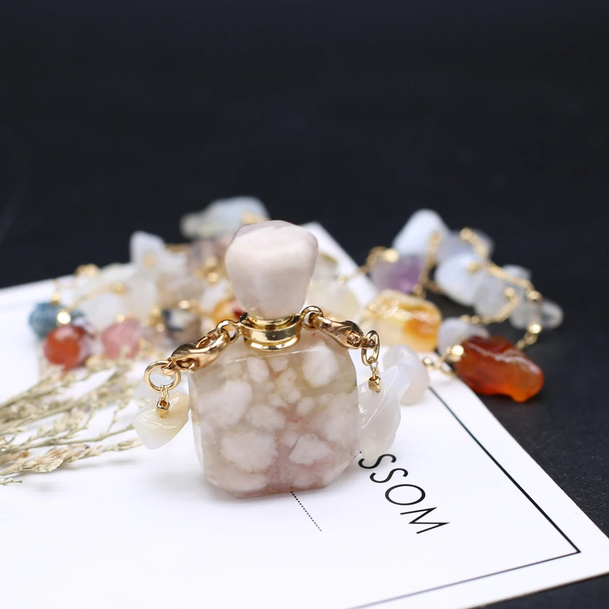 Hot Sale Essential Oil Bottles Sakura Agates Natural Stone Perfume Bottle Necklace Gravel Chain Women Necklace Dropshipping Quake 20x33x13mm 80cm