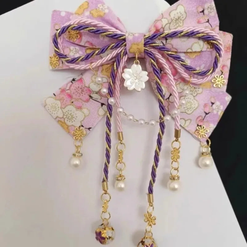 Japanese Style Girl with Hot Stamping Cherry Blossom Bow Hair Accessory Lolita Tassel Edge Clip Quake