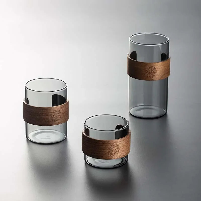Thickened Glass Tea Cup with Wooden Ring Heat-resistant and Heat-resistant Water Cup Master Cup Household Glass Cup Coffee Cup Quake set A 301-400ml