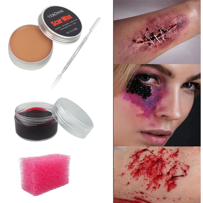 2/4/5PCS SFX Makeup Set Special Effect Halloween Party Wound Scar Wax Makeup with Spatula Sponge to Create a Blood Splash Shape Quake