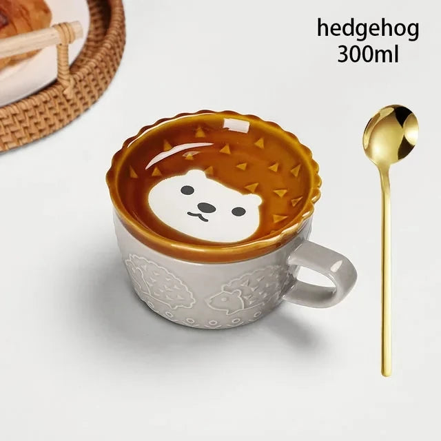 YWDL Japanese Cartoon Cat Coffee Mug With Animal Cat Pattern Lid Small Dish Cute Breakfast Cup Creative Coffee Cup Milk Cup Gift Quake hedgedog 301-400ml