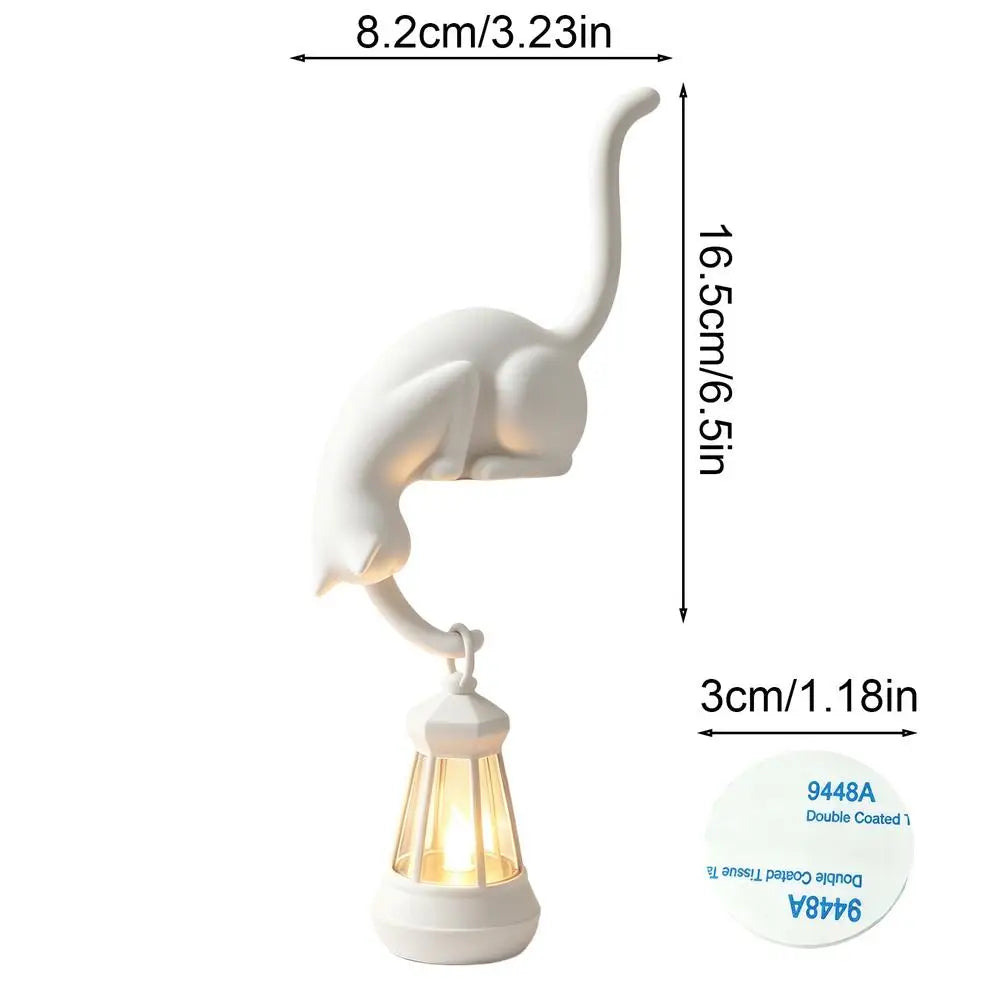 Library Lantern Cat 3D Printed Edge Sitting LED Battery Lights Shelf Reading Decor for Home Office School Study Room Readers Quake No Plug White