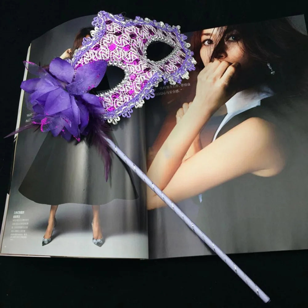 Stick Side Feather Flower Handheld Masquerade Masks Festival Costume Party With Holding Stick Translucent Half Face Mask Feather Quake Purple