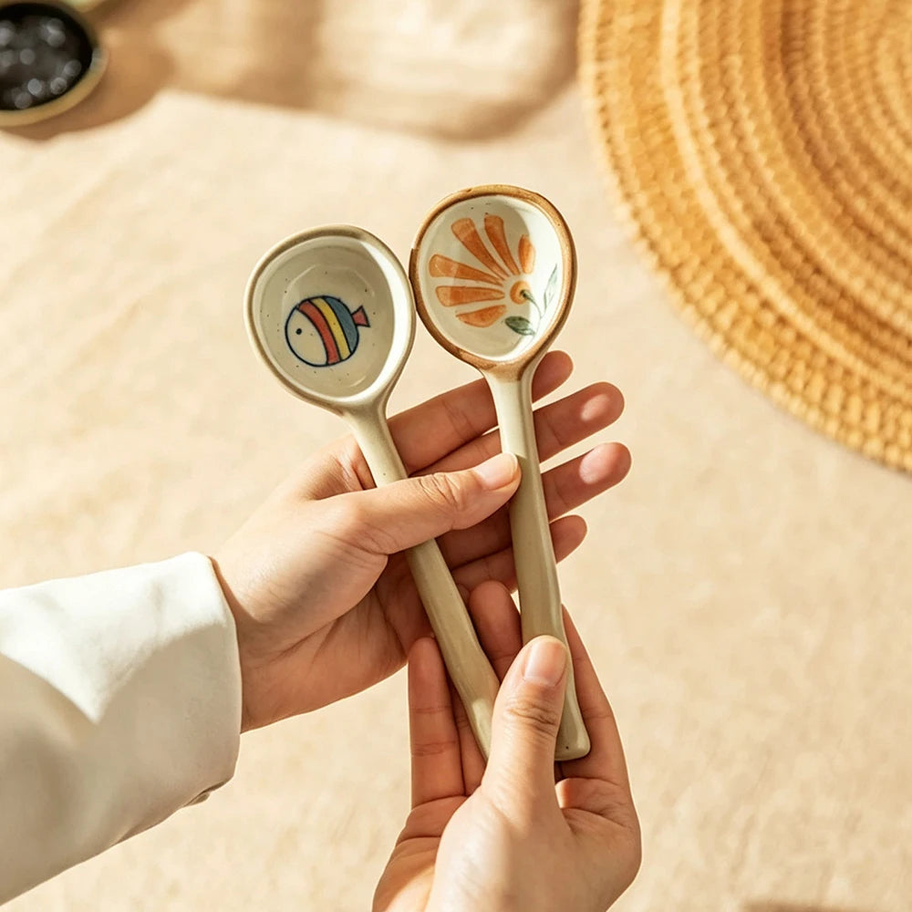 YWDL Japanese‑Style Ceramic Soup Spoon Long Handle Table Spoon Household Rice Porridge Eating Spoon Kitchen Tableware Quake