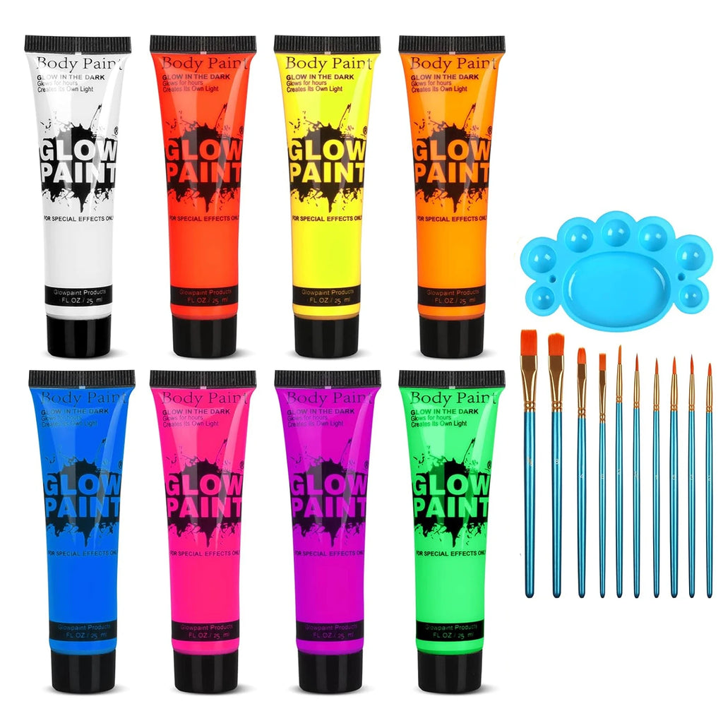 UV Neon Oil Face and Body Art Paint, 8 Tubes Glow in the Dark Body Paints Makeup, Neon Fluorescent Glow in Dark Party Cosmetics Quake 10 pcs