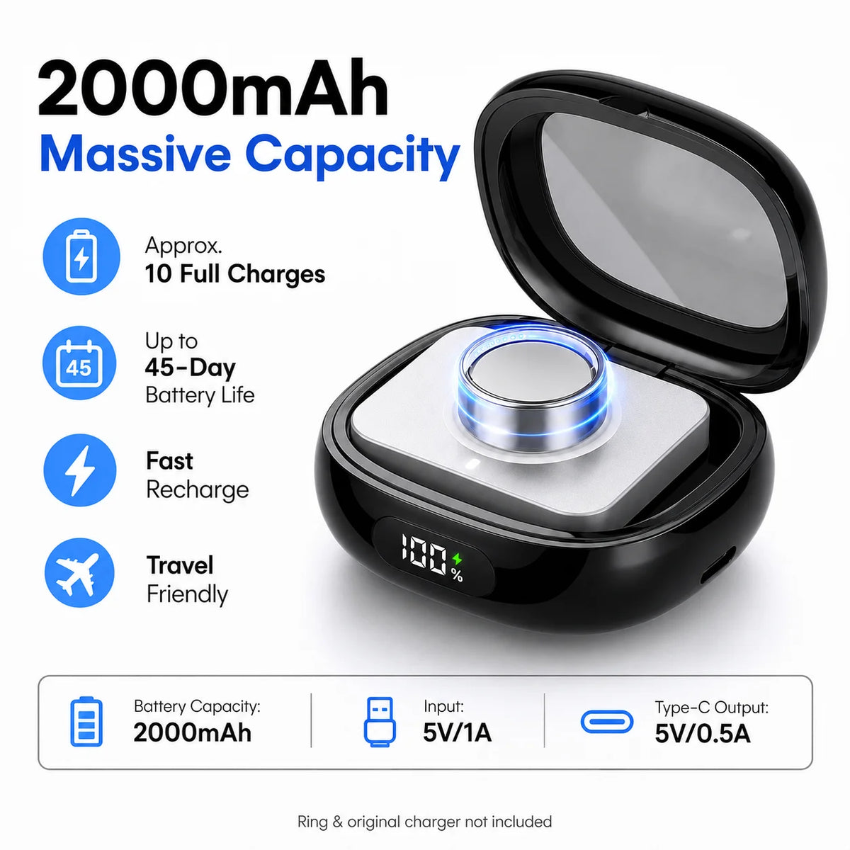 Charging Case for Oura Ring Gen 4 3 2000mAh Portable Power Bank Charger Box Type-C Travel Charging Case All Sizes Quake
