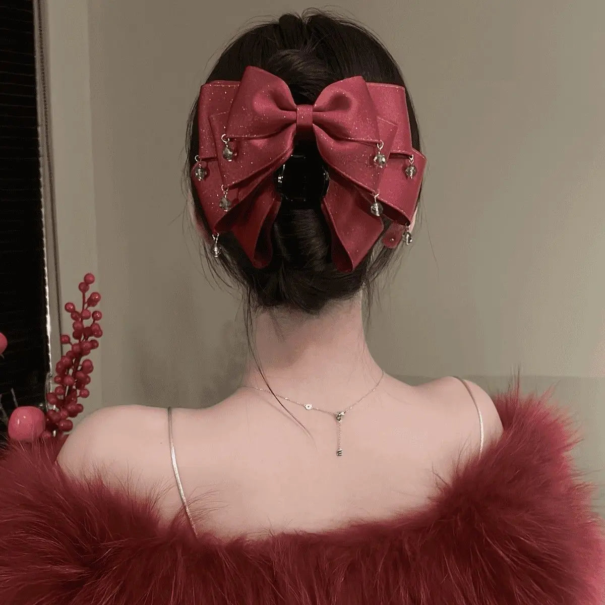 Elegant Sparkling Bow Hair Claw with Dangling Crystal Charms for Women Stylish Hair Accessory for Evening Parties and Daily Look Quake red