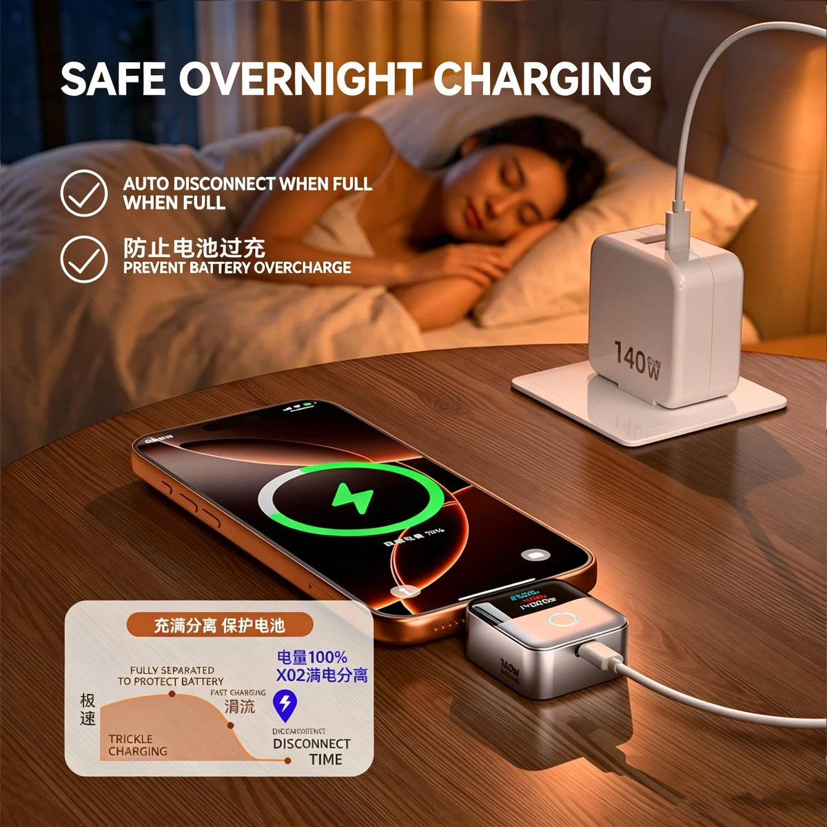 Type-C 140W Physical-Disconnect Battery Guard Anti-Overcharge Protection for Safe Overnight Charging Smart Auto Stop Charging Quake