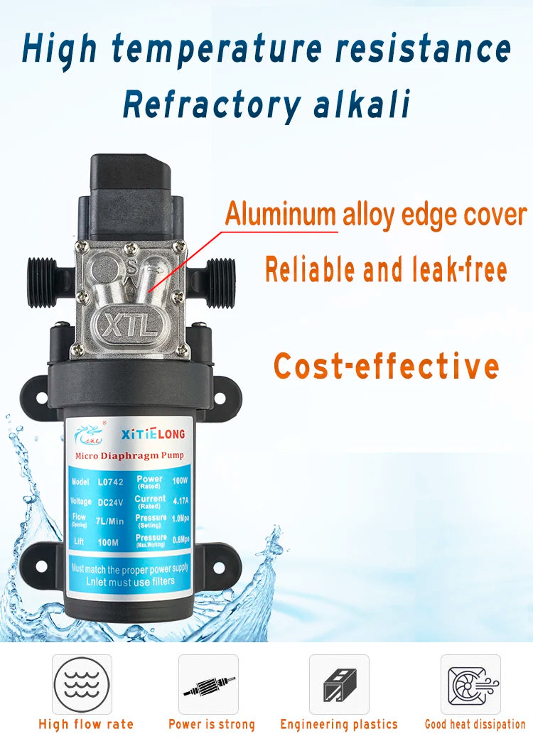 L0742YD-24-100F 24V 100W High-temperature Resistant Small Water Pump Self-priming Pump Booster Micro Electric Diaphragm Pump Quake